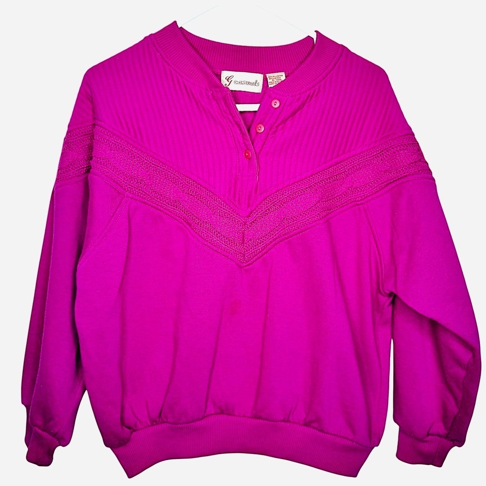 Vintage 80s 90s Magenta Textured Chevron Henley Sweatshirt Retro Pullover